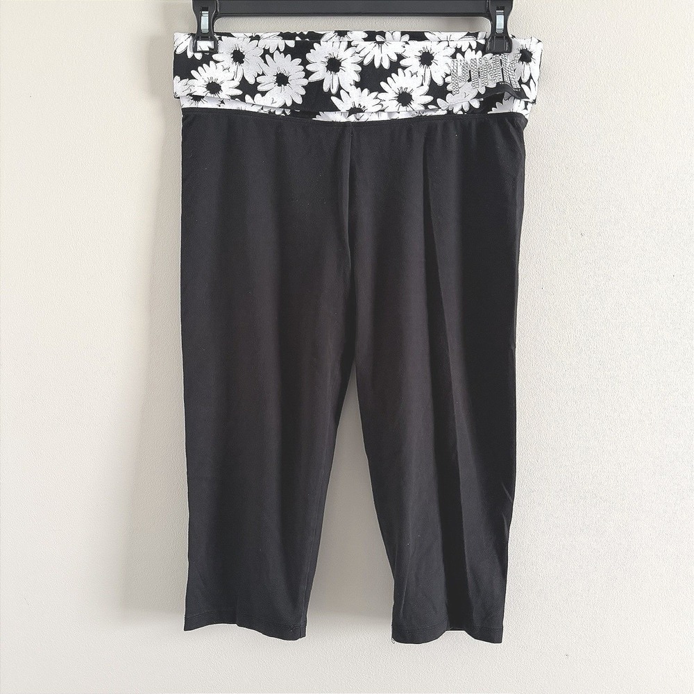 Victoria's Secret PINK Yoga Foldover Cropped Pants Black Rhinestone Sz Large Y2K